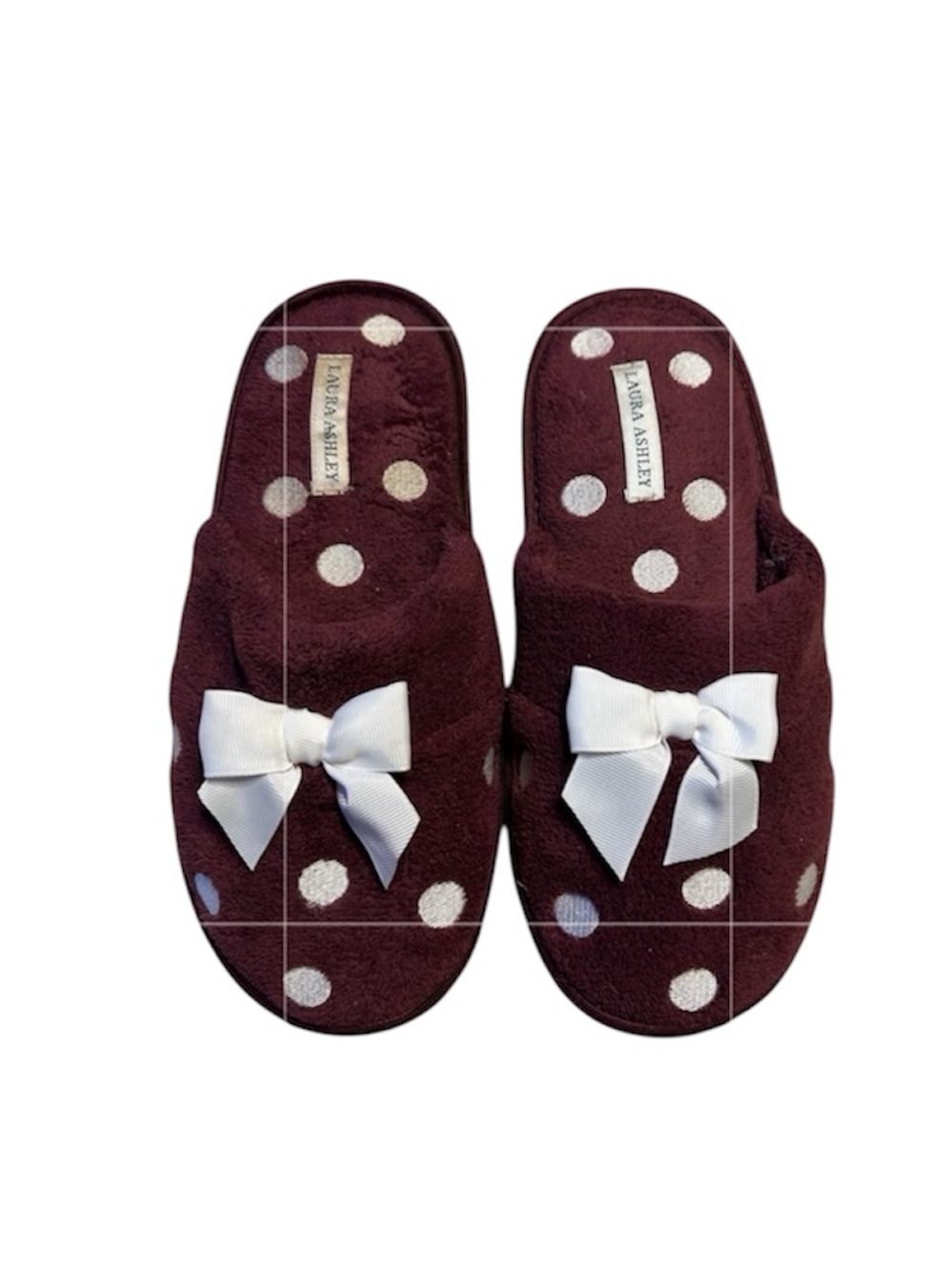 Laura Ashley Burgundy Slippers with White Polka Dots & Bows